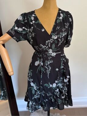 NWT SUGARLIPS Black Floral Wrap Mini Dress (S)